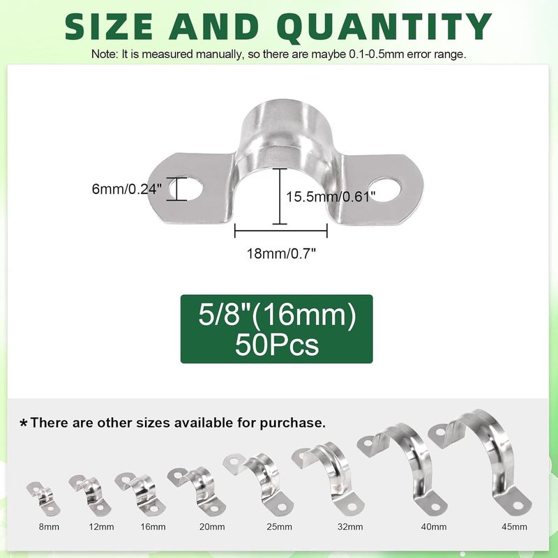 Keadic 50Pcs M16 Metric Two Hole Strap U Bracket Tube Strap Tension Clips 304 Stainless Steel Heavy Duty Rigid Pipe Strap Clamp, for Pipe Fixing on Various Surfaces - Image 2